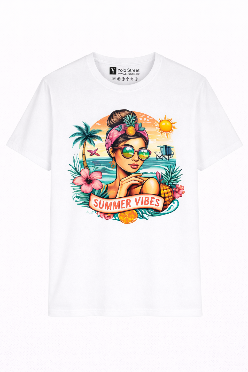 Summer Vibes Graphic T-Shirt – Tropical Beach Print | Unisex Premium Cotton Tee