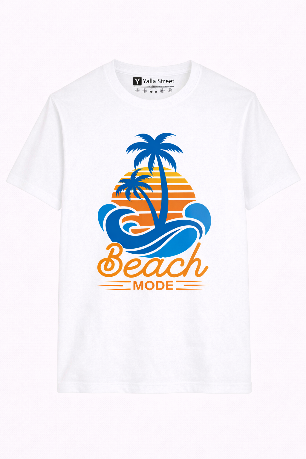 Beach Mode Graphic T-Shirt – Tropical Palm Sunset Print | Unisex White Summer Tee  ☀️ Description: