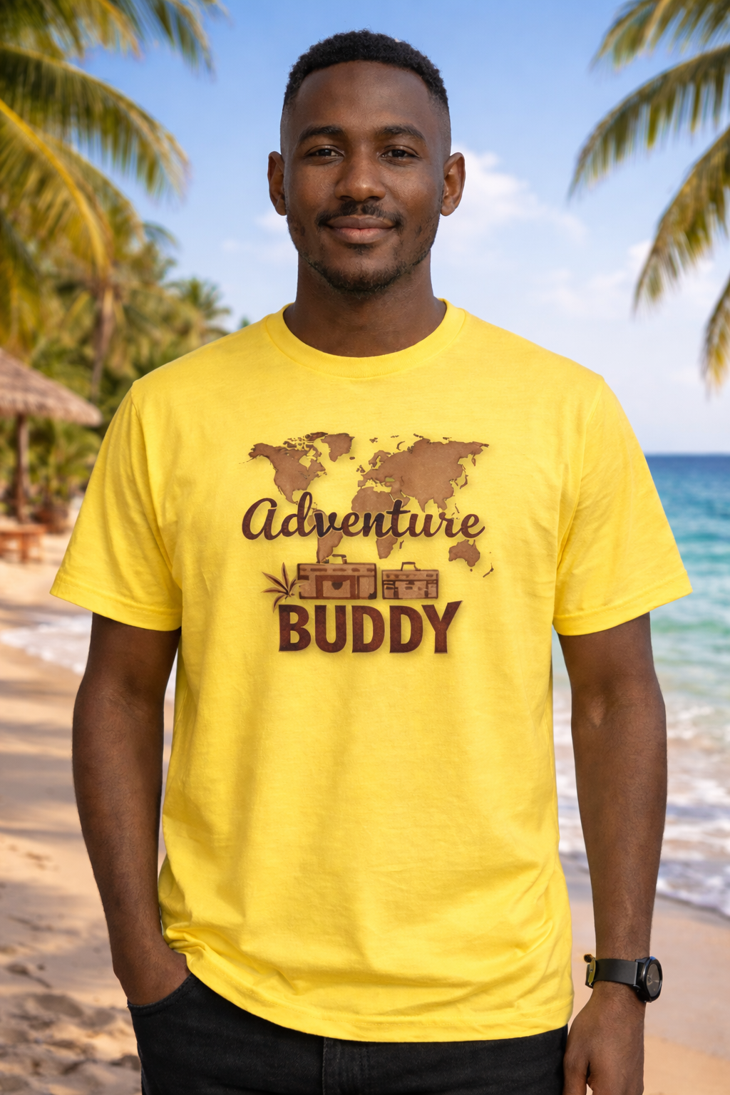 Yellow "Adventure Buddy” Travel Graphic Unisex T-Shirt | Yalla Street Summer Collection