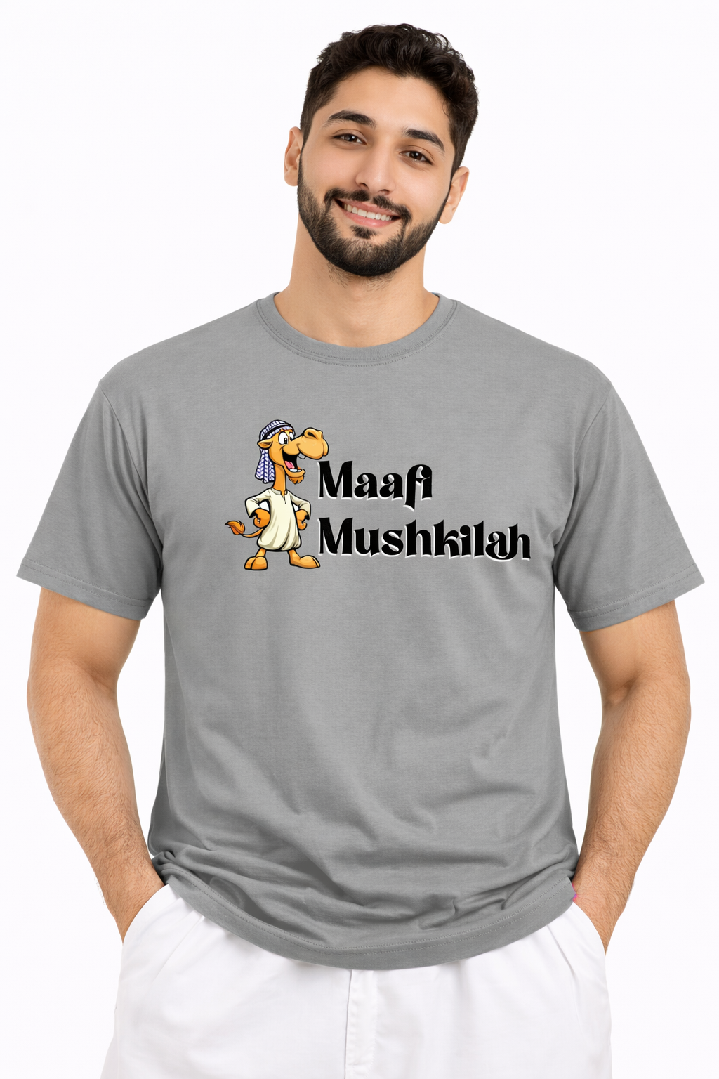 Maafi Mushkila Arabic Slang T-Shirt – No Problem Dubai Humor Tee | Grey Cotton T-Shirt