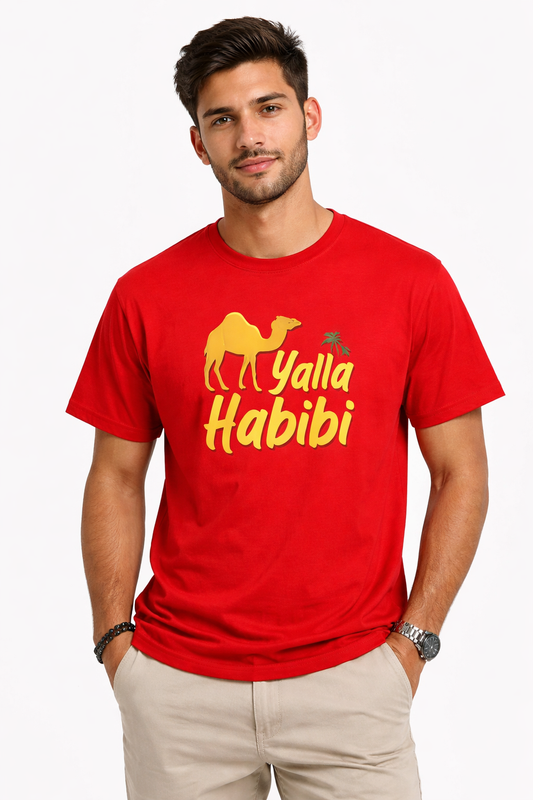 Yalla Habibi Camel T-Shirt – Dubai Arabic Streetwear Graphic Tee | White Cotton Unisex T-Shirt