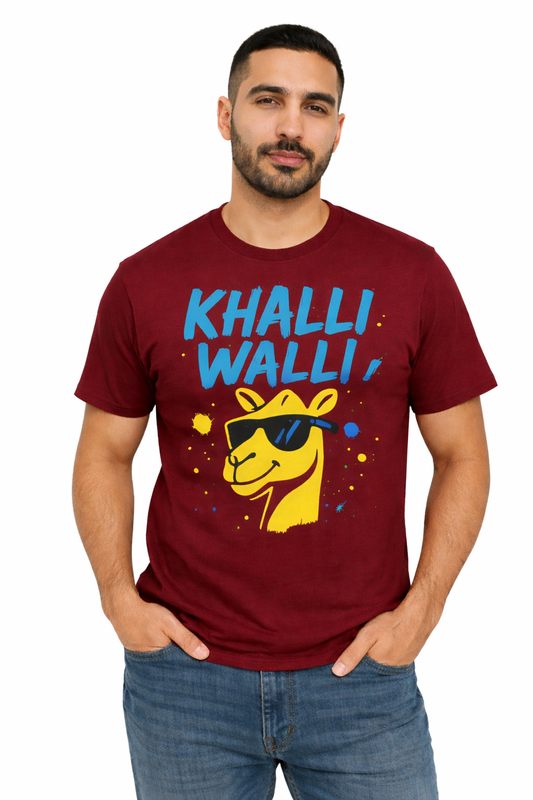 Khalli Walli Camel Graphic T-Shirt – Funny Dubai Slang Tee | Grey Streetwear Unisex T-Shirt