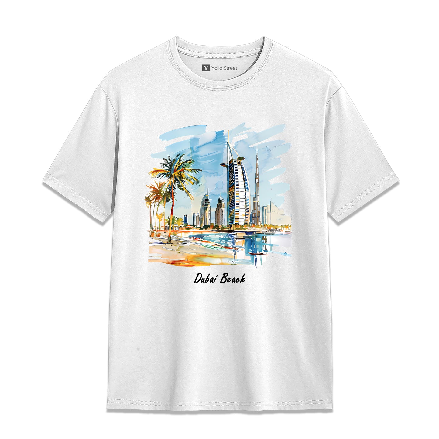 Dubai Beach Skyline T-Shirt – 100% Cotton Unisex Tee Artistic UAE Coastal Print