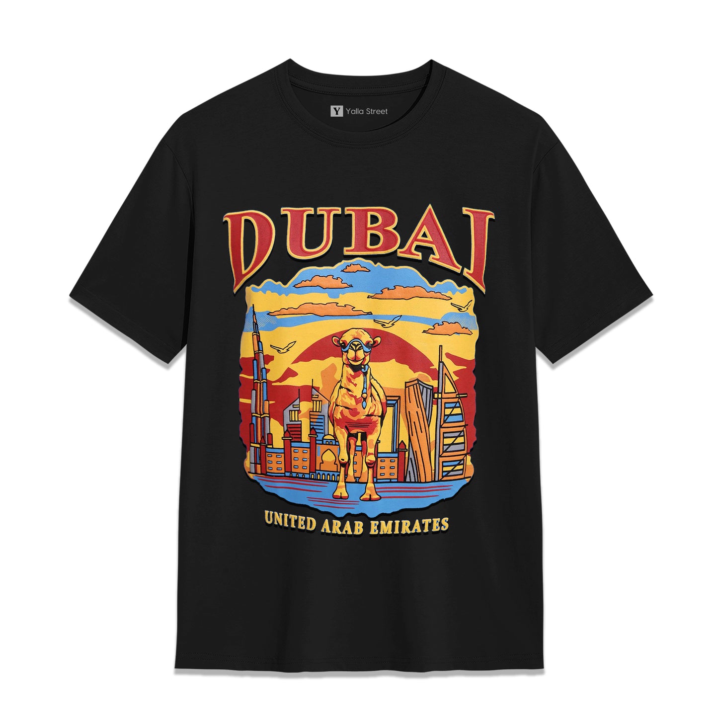 Dubai Camel Cityscape T-Shirt Bold Graphic Tee 100% Cotton UAE Heritage