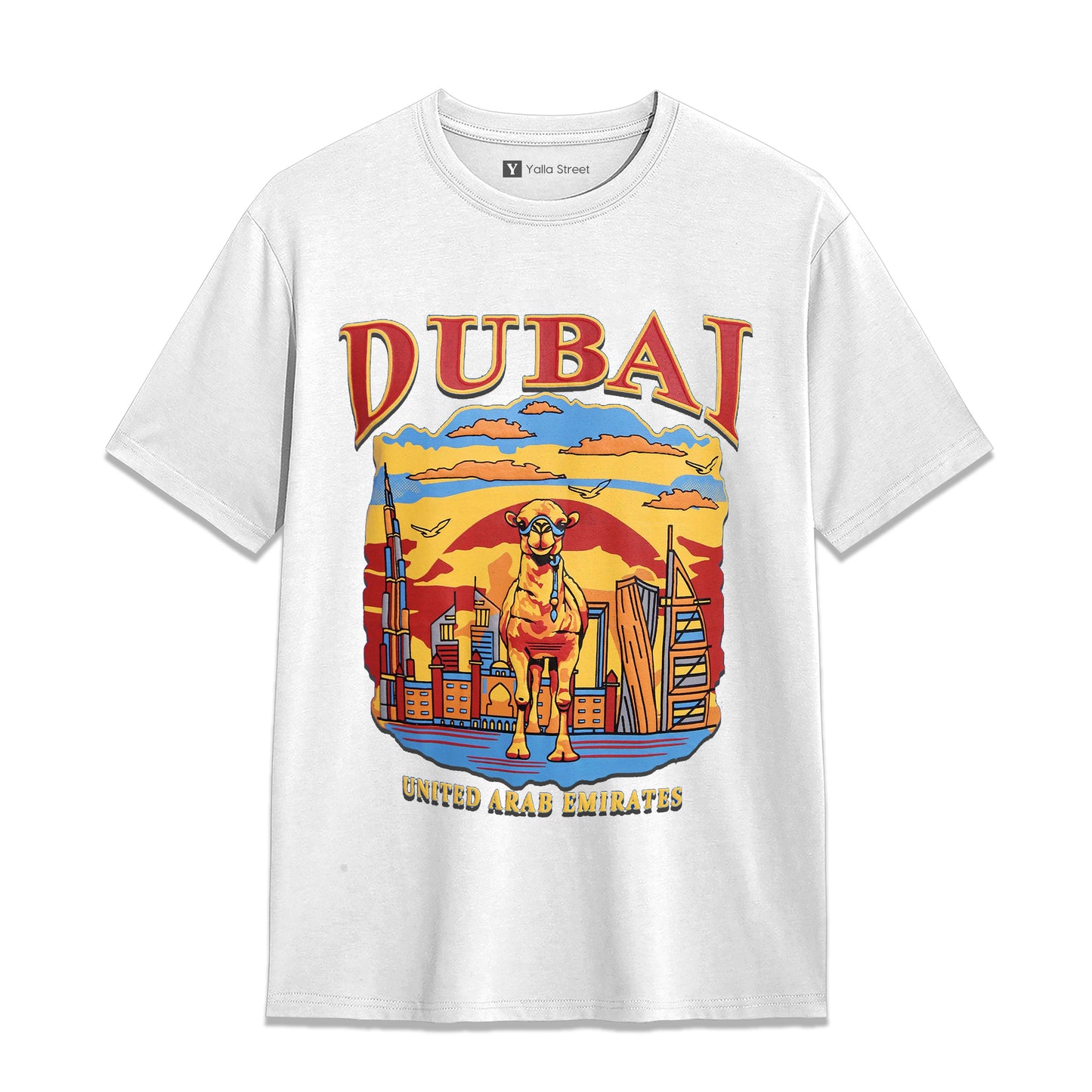 Dubai Camel Cityscape T-Shirt Bold Graphic Tee 100% Cotton UAE Heritage