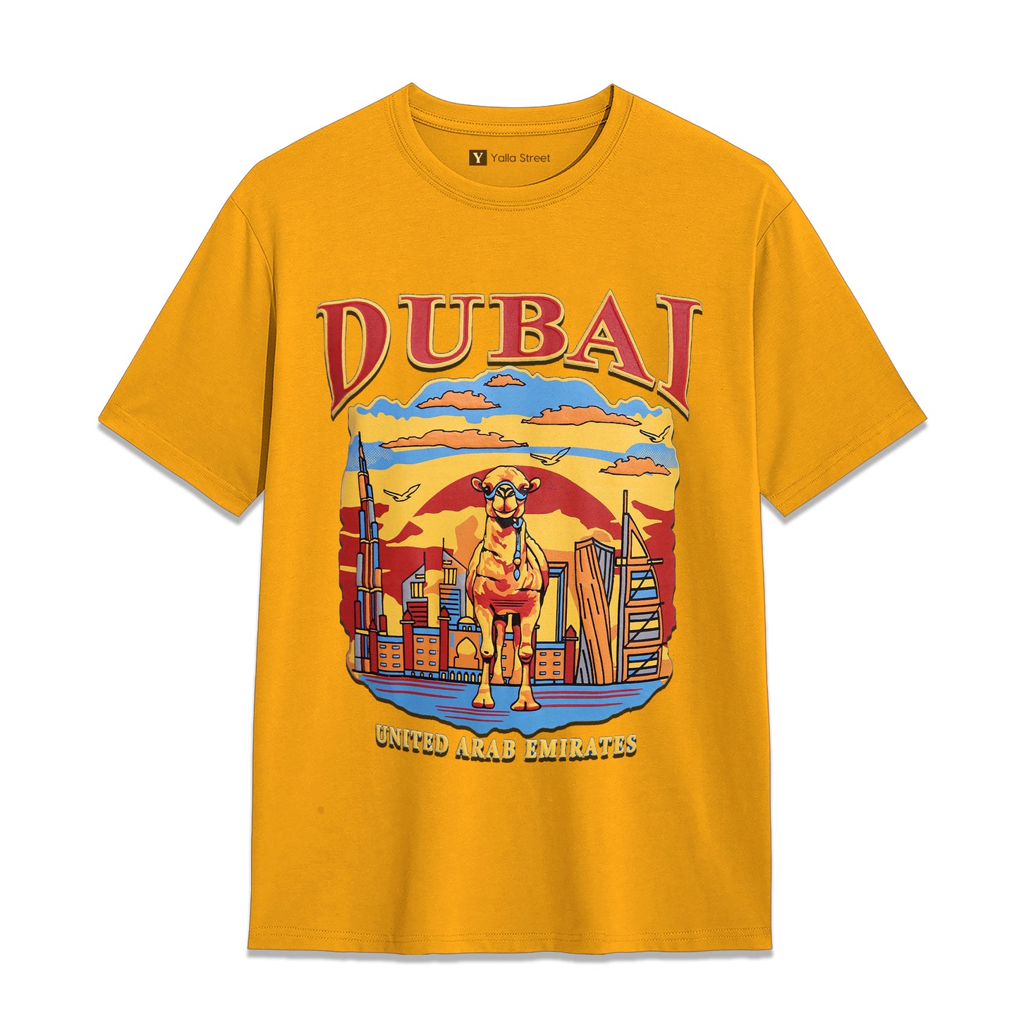 Dubai Camel Cityscape T-Shirt Bold Graphic Tee 100% Cotton UAE Heritage