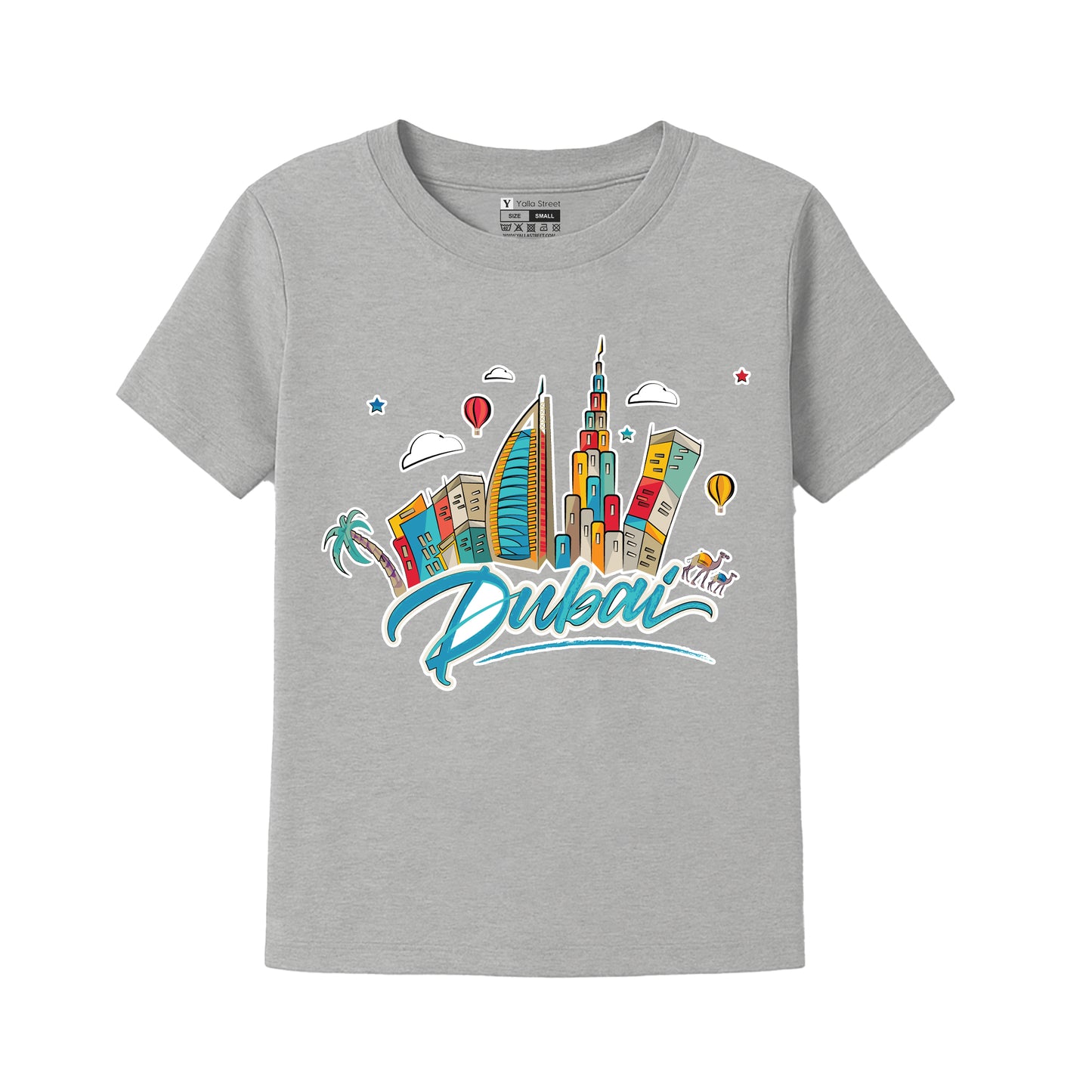 Dubai Cartoon Skyline Kids T-Shirt – Colorful City Graphic Tee Travel Souvenir