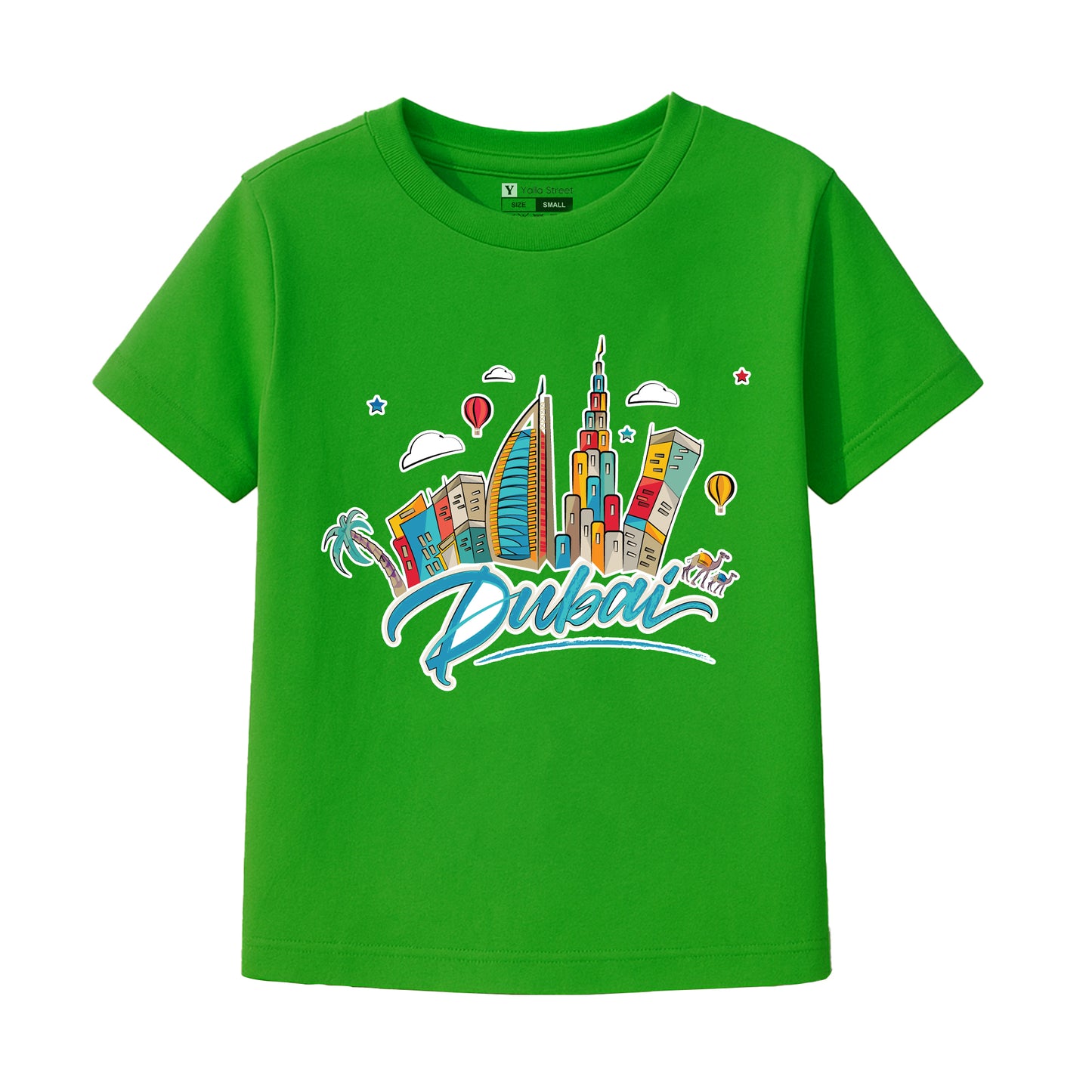 Dubai Cartoon Skyline Kids T-Shirt – Colorful City Graphic Tee Travel Souvenir