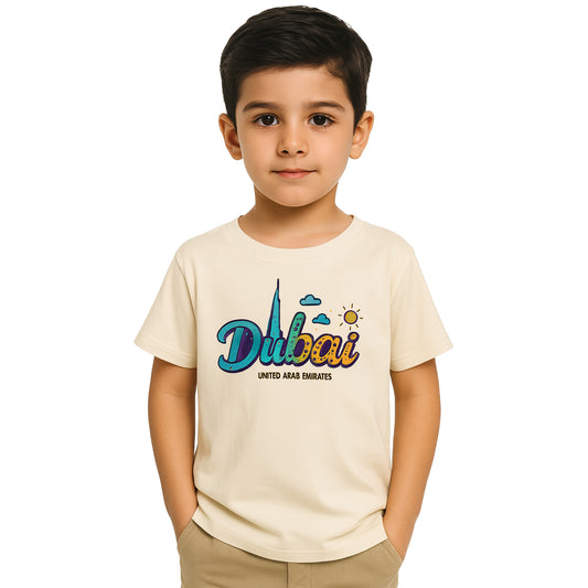Dubai Kids T-Shirt – Colorful Skyline Text Design | UAE Souvenir Tee for Boys & Girls