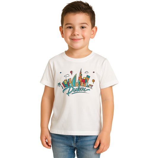 Dubai Cartoon Skyline Kids T-Shirt – Colorful City Graphic Tee Travel Souvenir