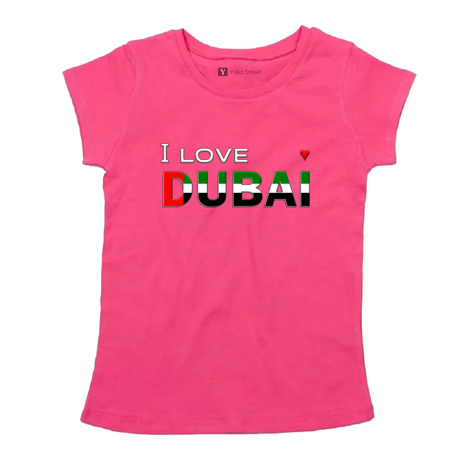 I Love Dubai T-Shirt – UAE Flag Colors Print White 100% Cotton Fitted Tee for Women