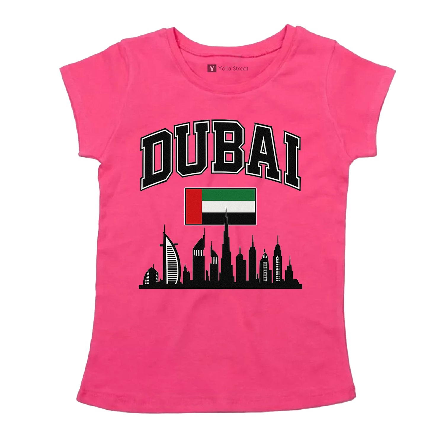 Dubai Skyline & Flag Women’s T-Shirt – Varsity Style | 100% Cotton