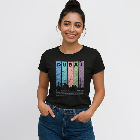 Dubai Skyline Women’s T-Shirt – Vintage Grunge City Print 100% Cotton