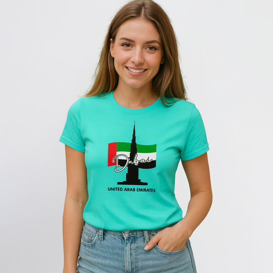 “Dubai Skyline & UAE Flag” Women’s T-Shirt – Burj Khalifa Graphic 100% Cotton