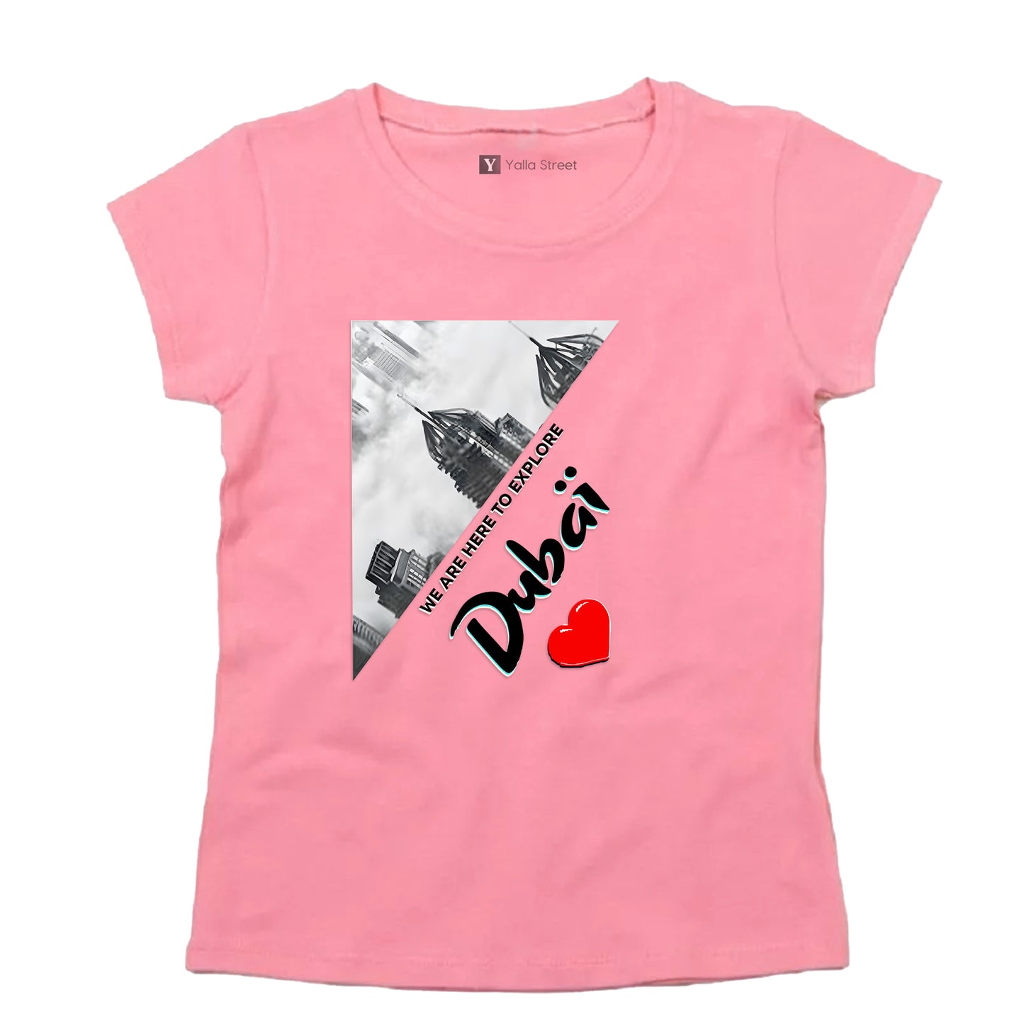 “Explore Dubai” Women’s Pink T-Shirt – Artistic Cityscape Design