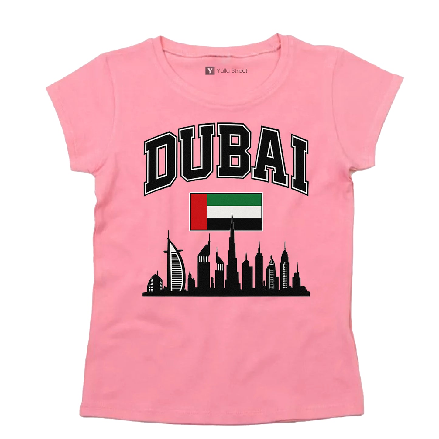 Dubai Skyline & Flag Women’s T-Shirt – Varsity Style | 100% Cotton