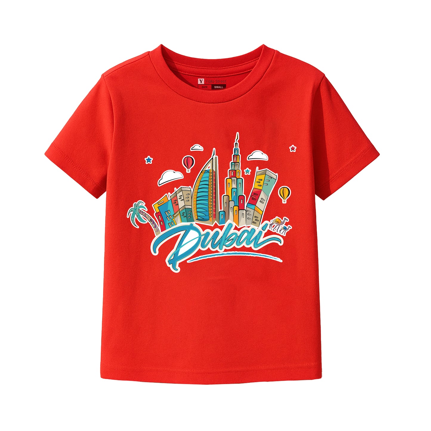 Dubai Cartoon Skyline Kids T-Shirt – Colorful City Graphic Tee Travel Souvenir