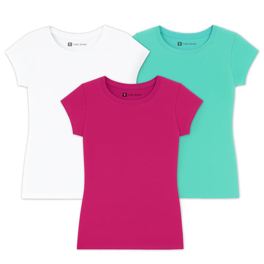 Women’s Basic Cotton T-Shirt – Slim Fit Ladies Crew Neck Tee (White / magita/ aqua) | Yalla Street