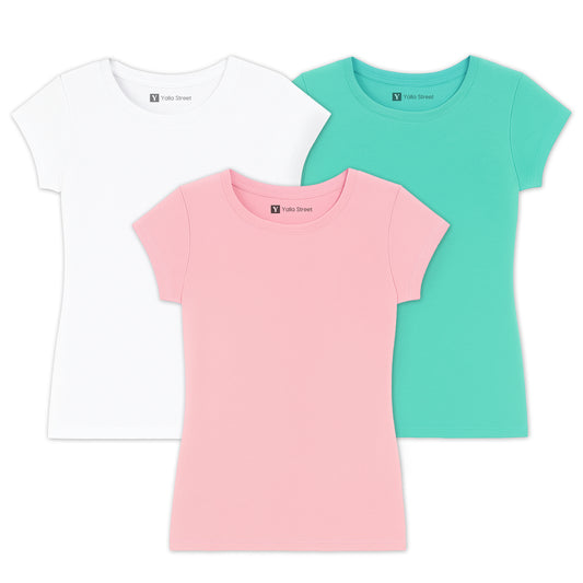 Women’s Basic Cotton T-Shirt Pack of 3 – Slim Fit Ladies Crew Neck Tee (White / Pink / aqua ) | Yalla Street