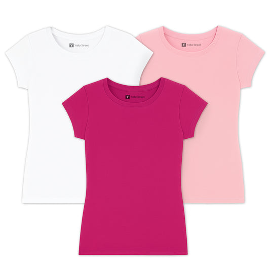 Women’s Plain Cotton T-Shirt Set – White, Baby Pink & Hot Pink | Soft Slim Fit Ladies Basic Crew Neck Tee