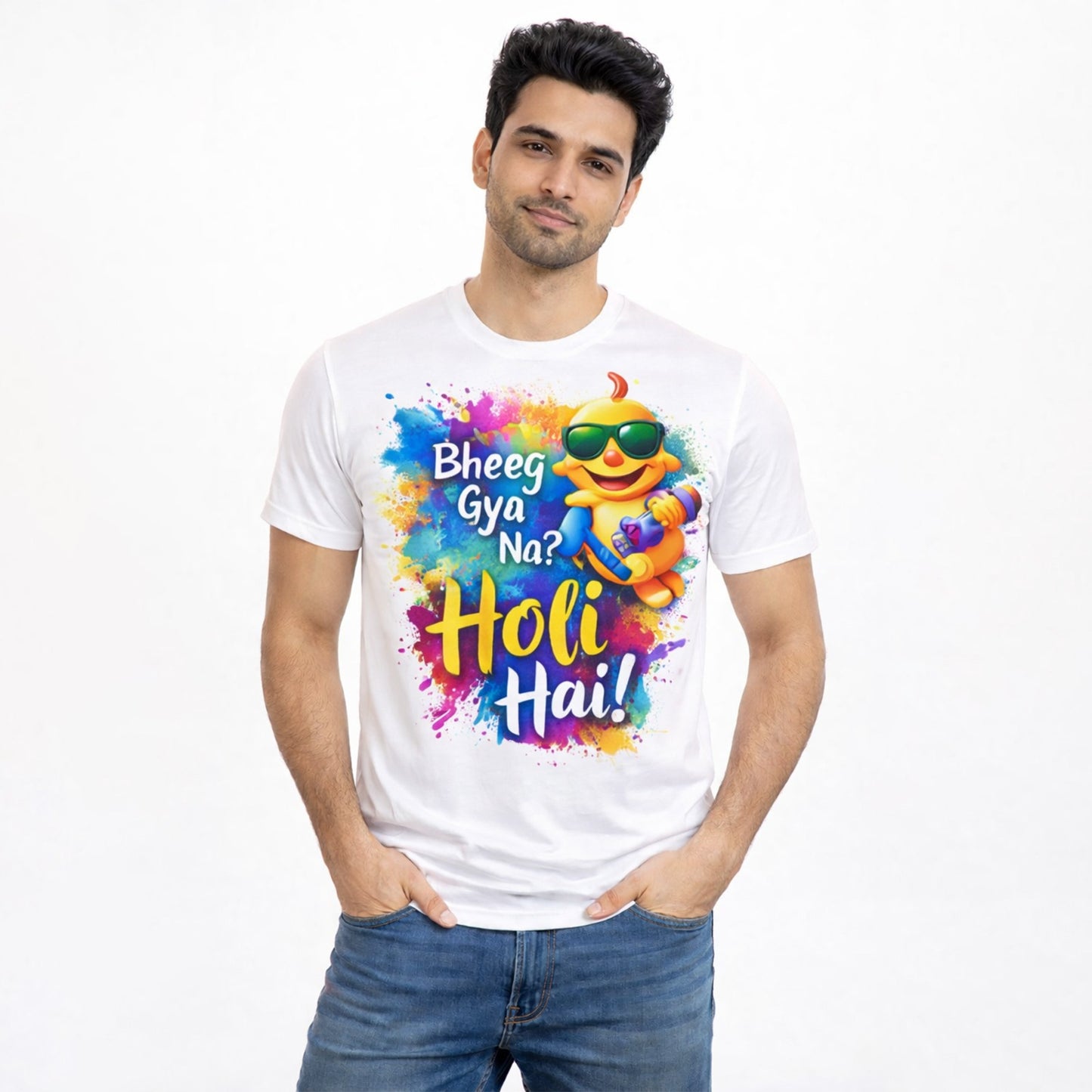 Bheeg Gya Na? Holi Hai T-Shirt – Funny Cartoon Men's Holi Festival Tee | Yalla Street