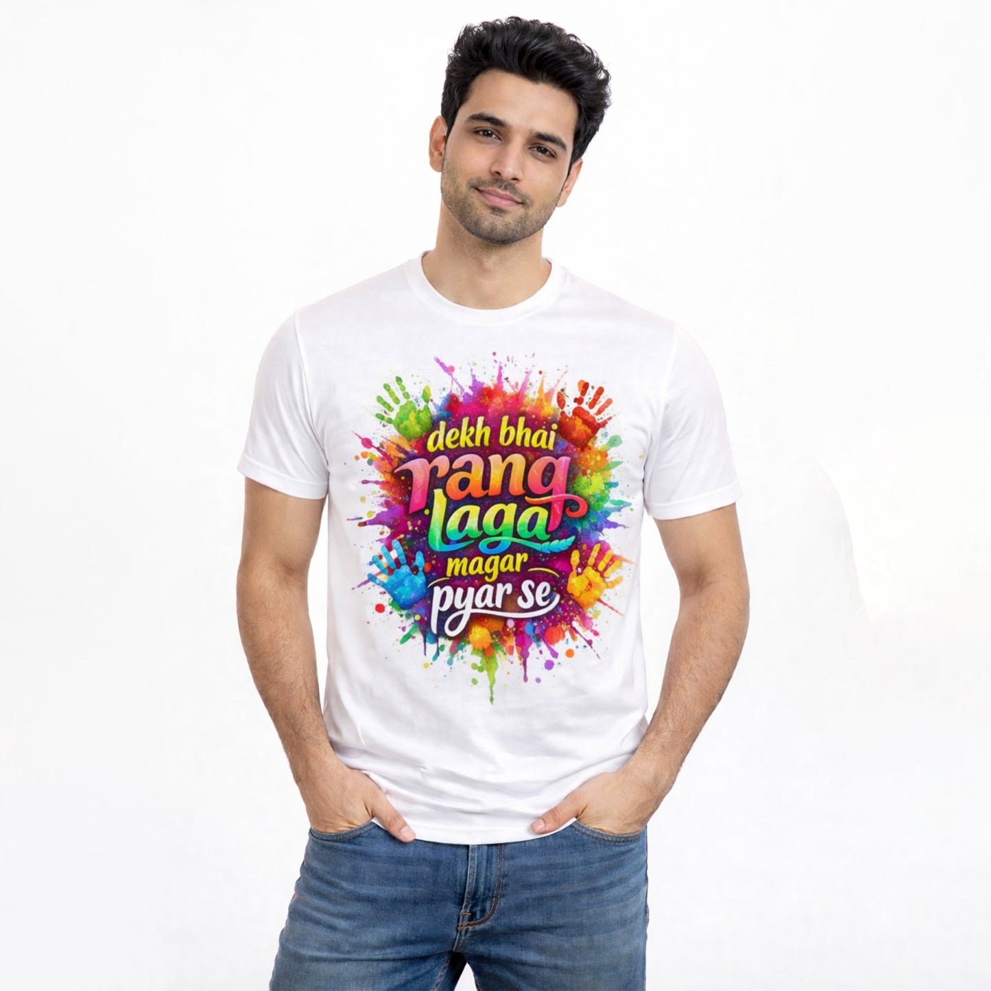 Dekh Bhai Rang Laga Magar Pyar Se Holi T-Shirt – Color Splash Festival Tee | Yalla Street