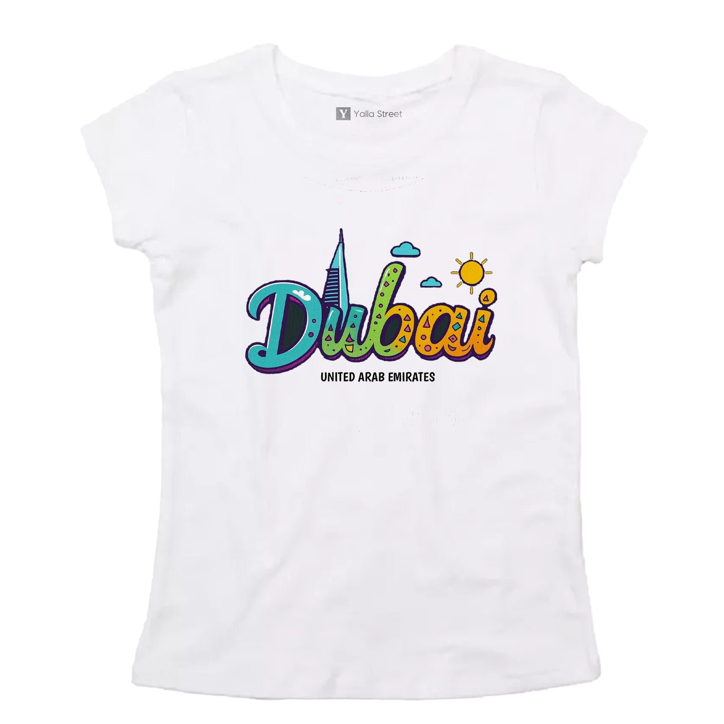 Colorful “Dubai” Women’s T-Shirt – UAE Skyline Graphic 100% Cotton