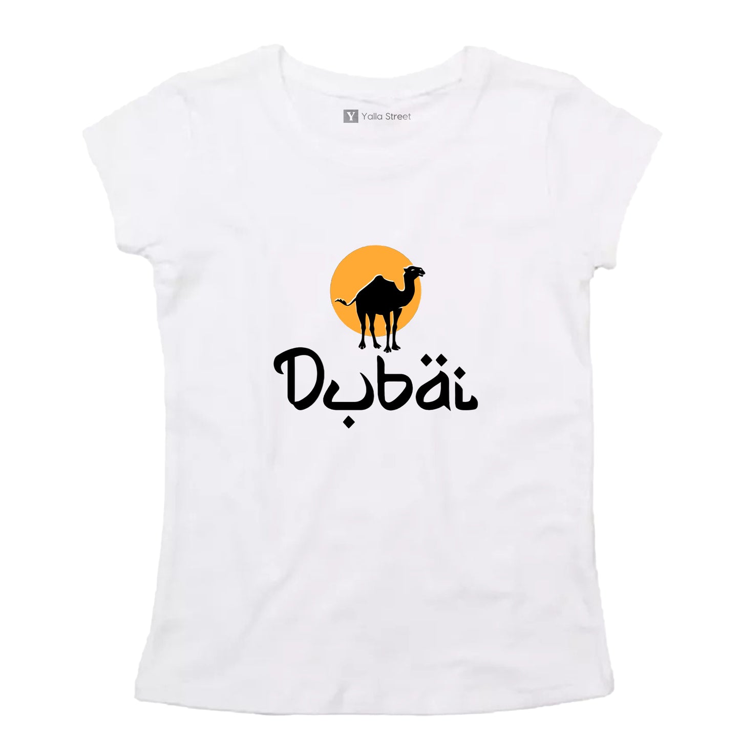 “Dubai Desert Vibes” Women’s T-Shirt – Camel & Sunset Graphic