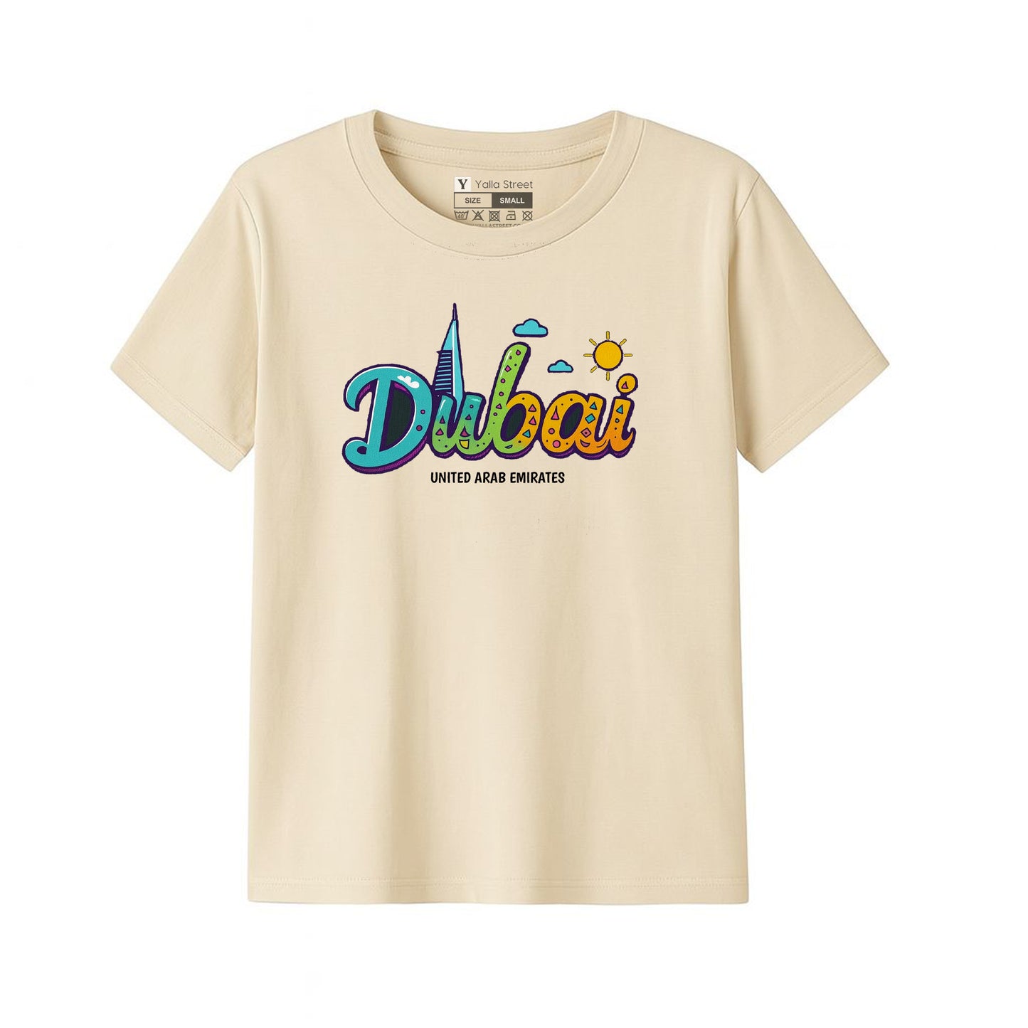 Dubai Kids T-Shirt – Colorful Skyline Text Design | UAE Souvenir Tee for Boys & Girls