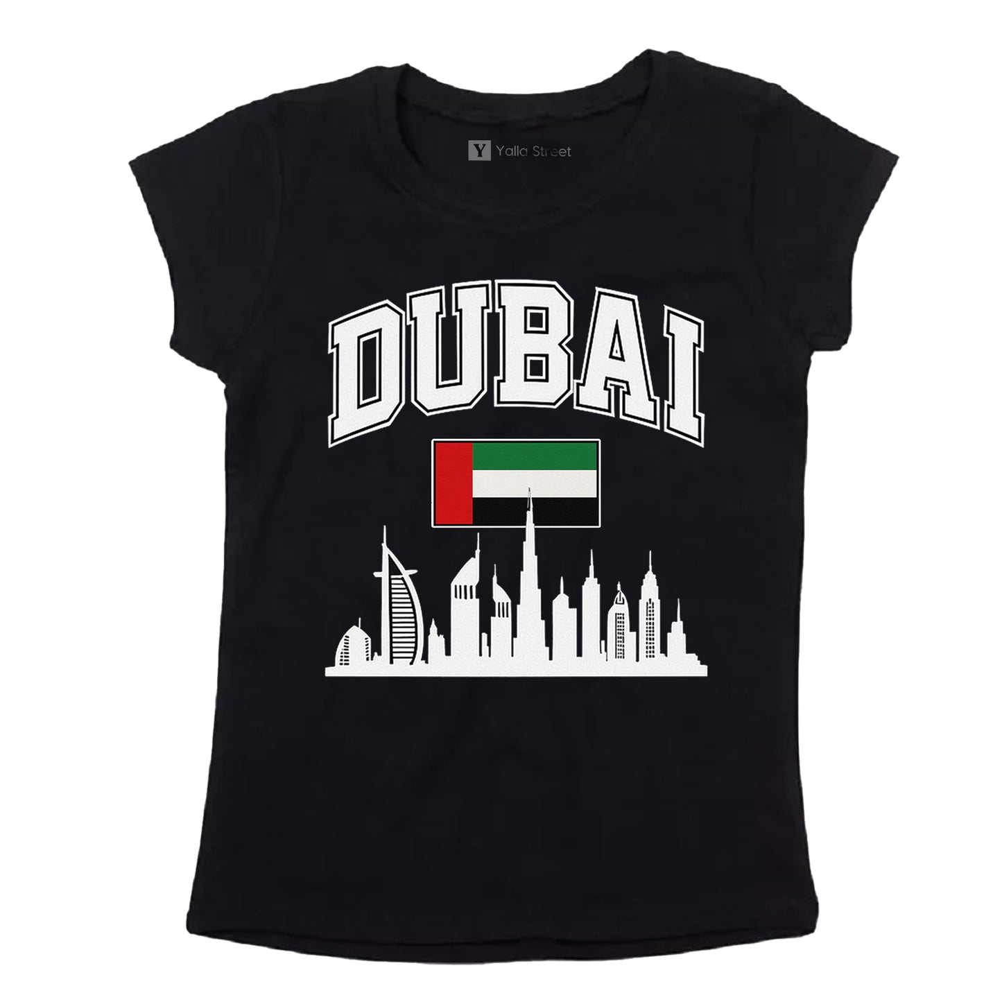Dubai Skyline & Flag Women’s T-Shirt – Varsity Style | 100% Cotton