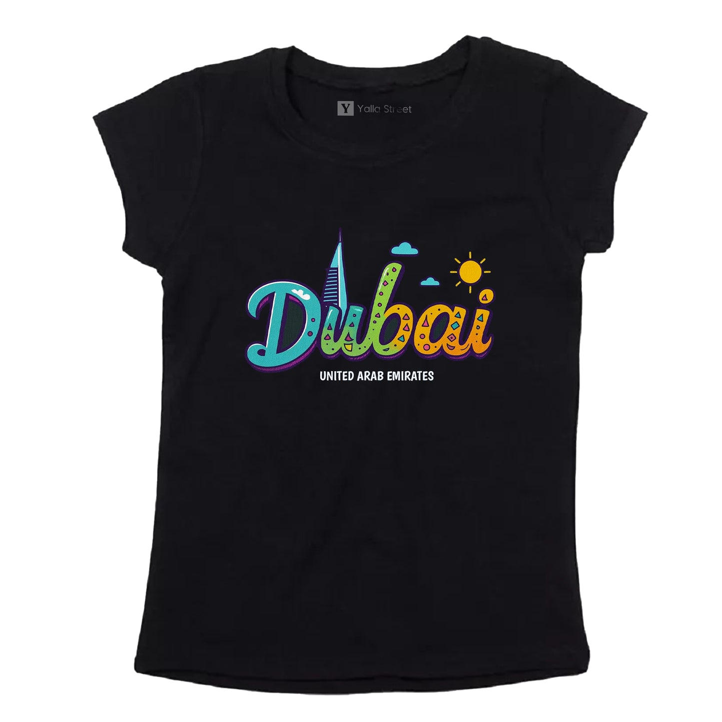 Colorful “Dubai” Women’s T-Shirt – UAE Skyline Graphic 100% Cotton