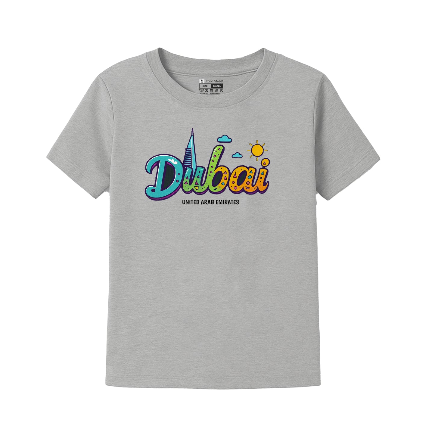 Dubai Kids T-Shirt – Colorful Skyline Text Design | UAE Souvenir Tee for Boys & Girls
