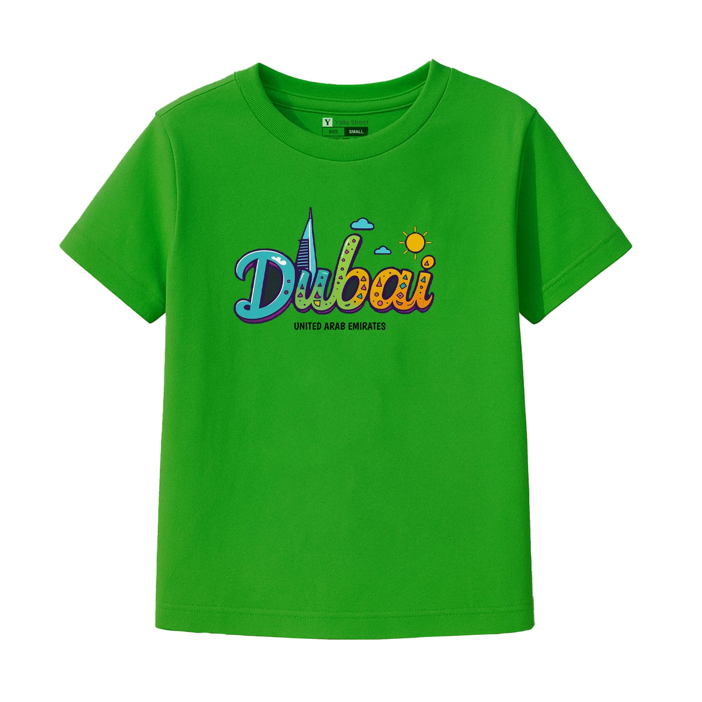 Dubai Kids T-Shirt – Colorful Skyline Text Design | UAE Souvenir Tee for Boys & Girls