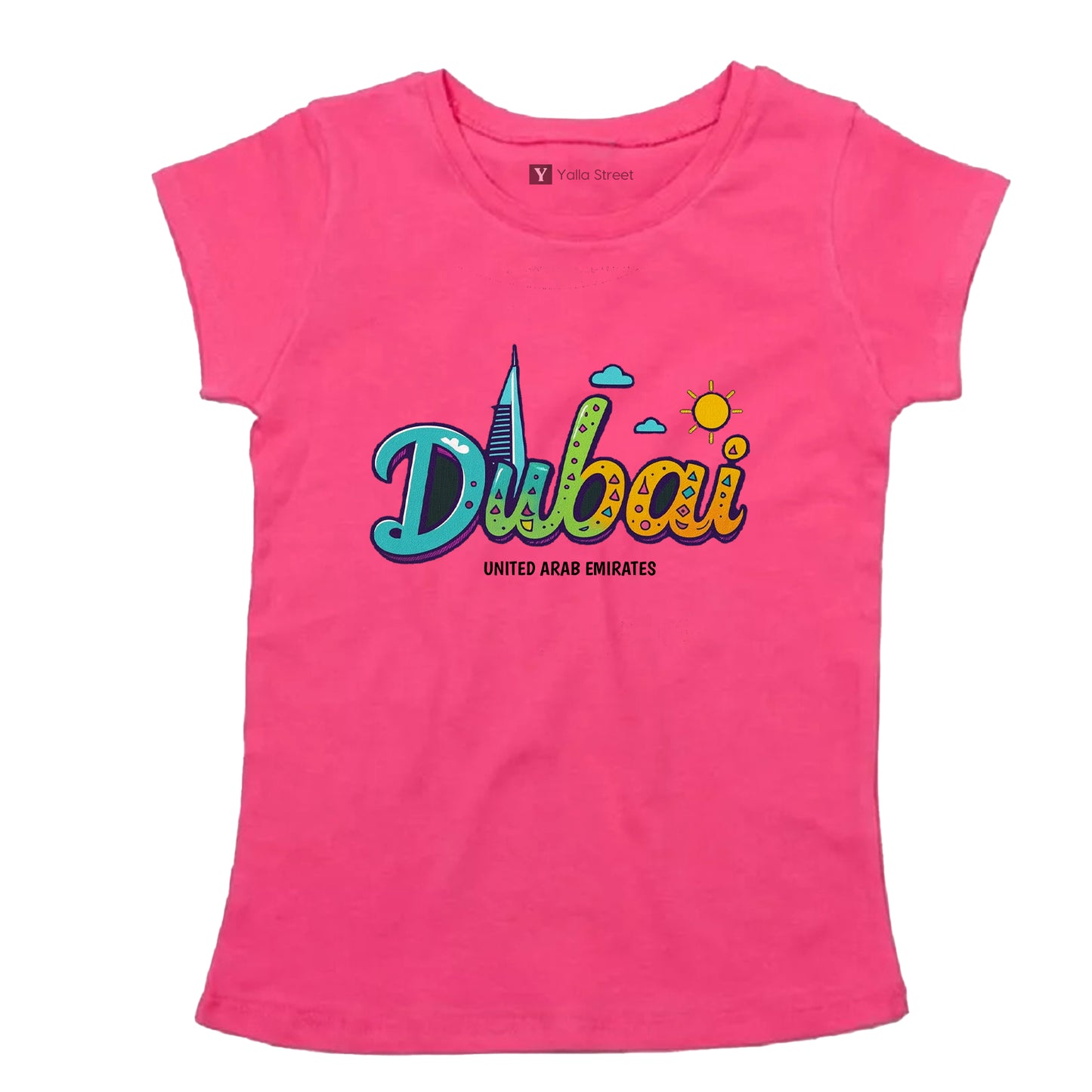 Colorful “Dubai” Women’s T-Shirt – UAE Skyline Graphic 100% Cotton
