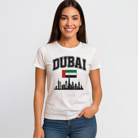 Dubai Skyline & Flag Women’s T-Shirt – Varsity Style | 100% Cotton