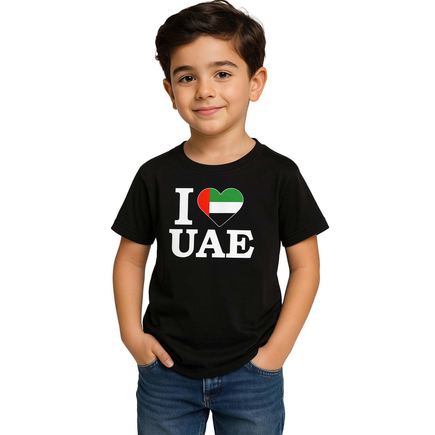 I Love UAE Kids T-Shirt – Black Cotton Tee with UAE Flag Heart | National Day Souvenir