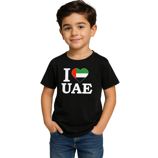 I Love UAE Kids T-Shirt – Black Cotton Tee with UAE Flag Heart | National Day Souvenir