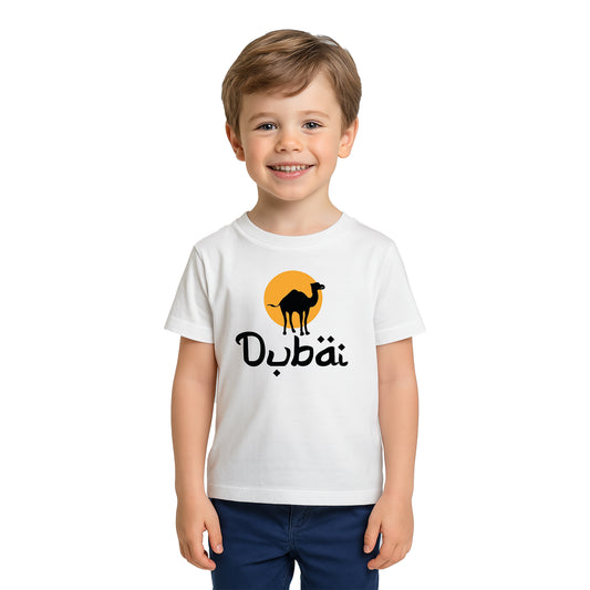 Dubai Camel Kids T-Shirt – Desert Vibes Graphic Tee | White UAE Souvenir Shirt