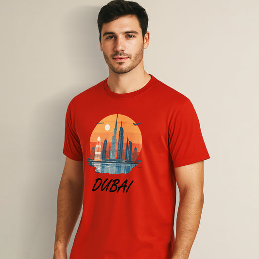 Dubai Sunset Skyline T-Shirt – 100% Cotton Unisex Tee Vibrant Cityscape Graphic