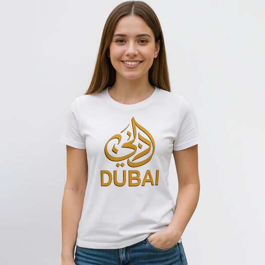 “Dubai Calligraphy” Women’s T-Shirt – Golden Arabic Logo Print 100% Cotton