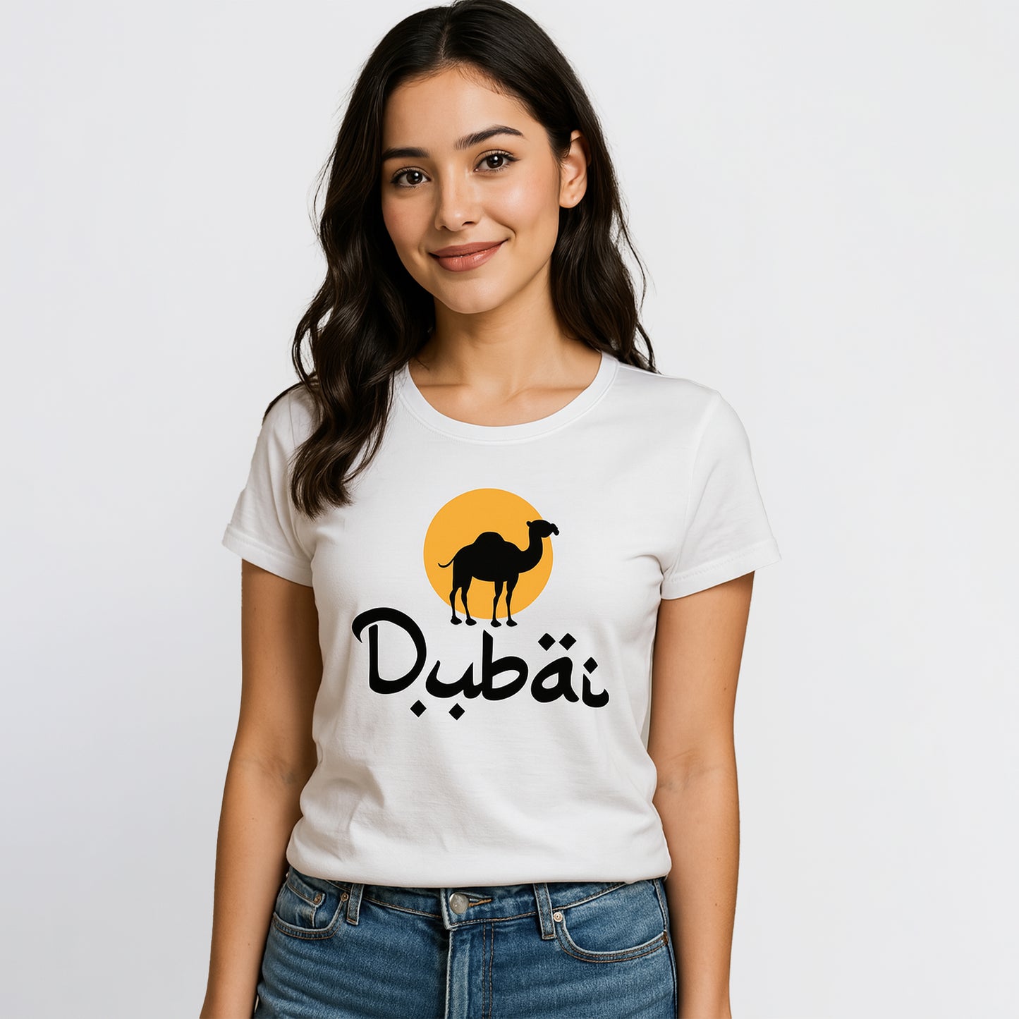 “Dubai Desert Vibes” Women’s T-Shirt – Camel & Sunset Graphic