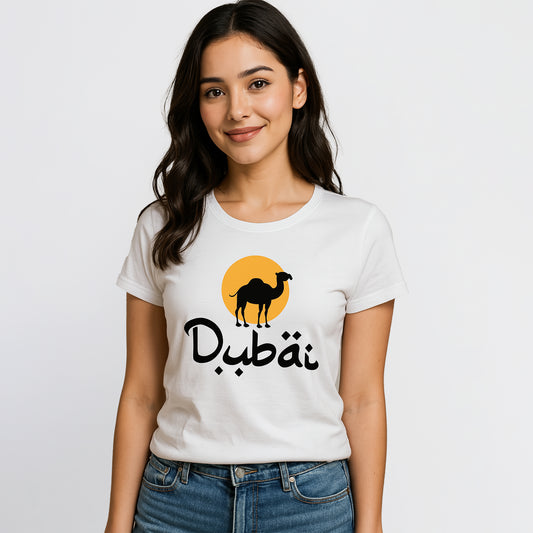 “Dubai Desert Vibes” Women’s T-Shirt – Camel & Sunset Graphic