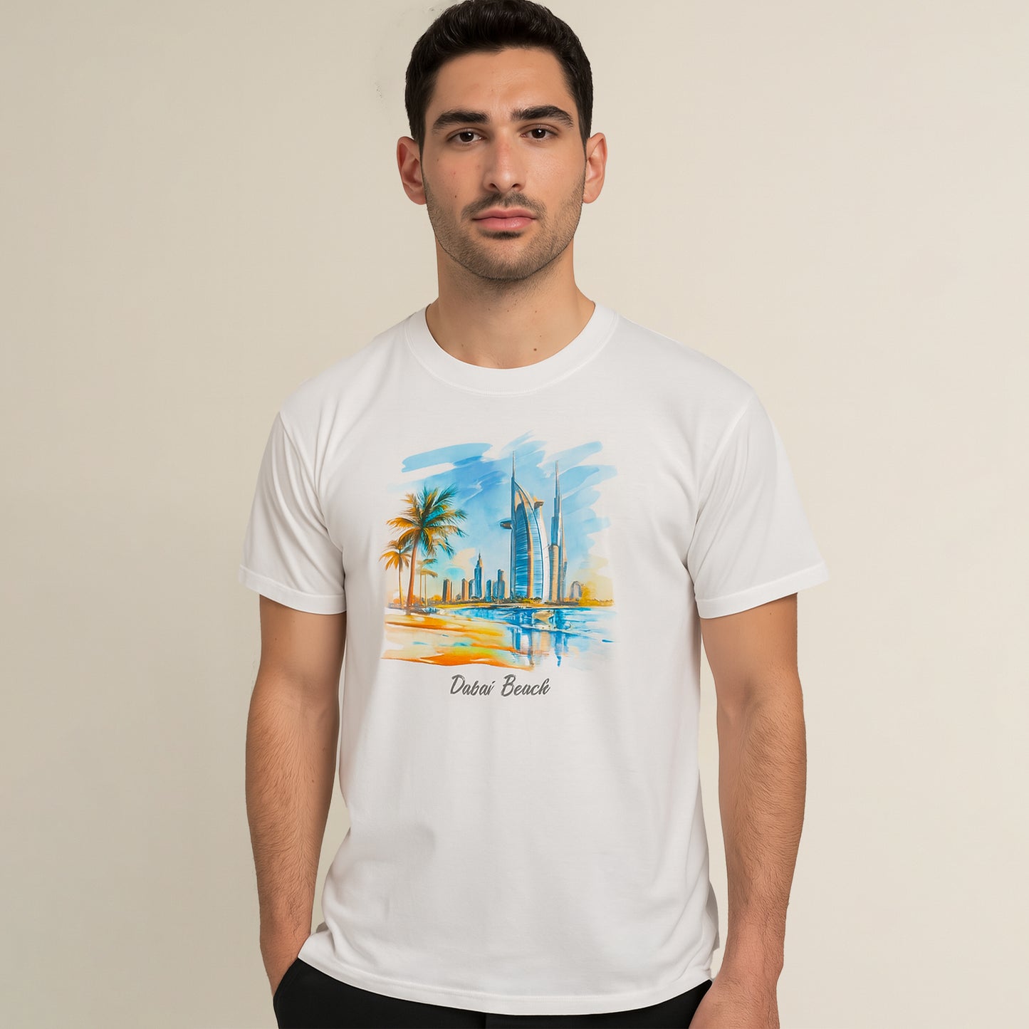 Dubai Beach Skyline T-Shirt – 100% Cotton Unisex Tee Artistic UAE Coastal Print