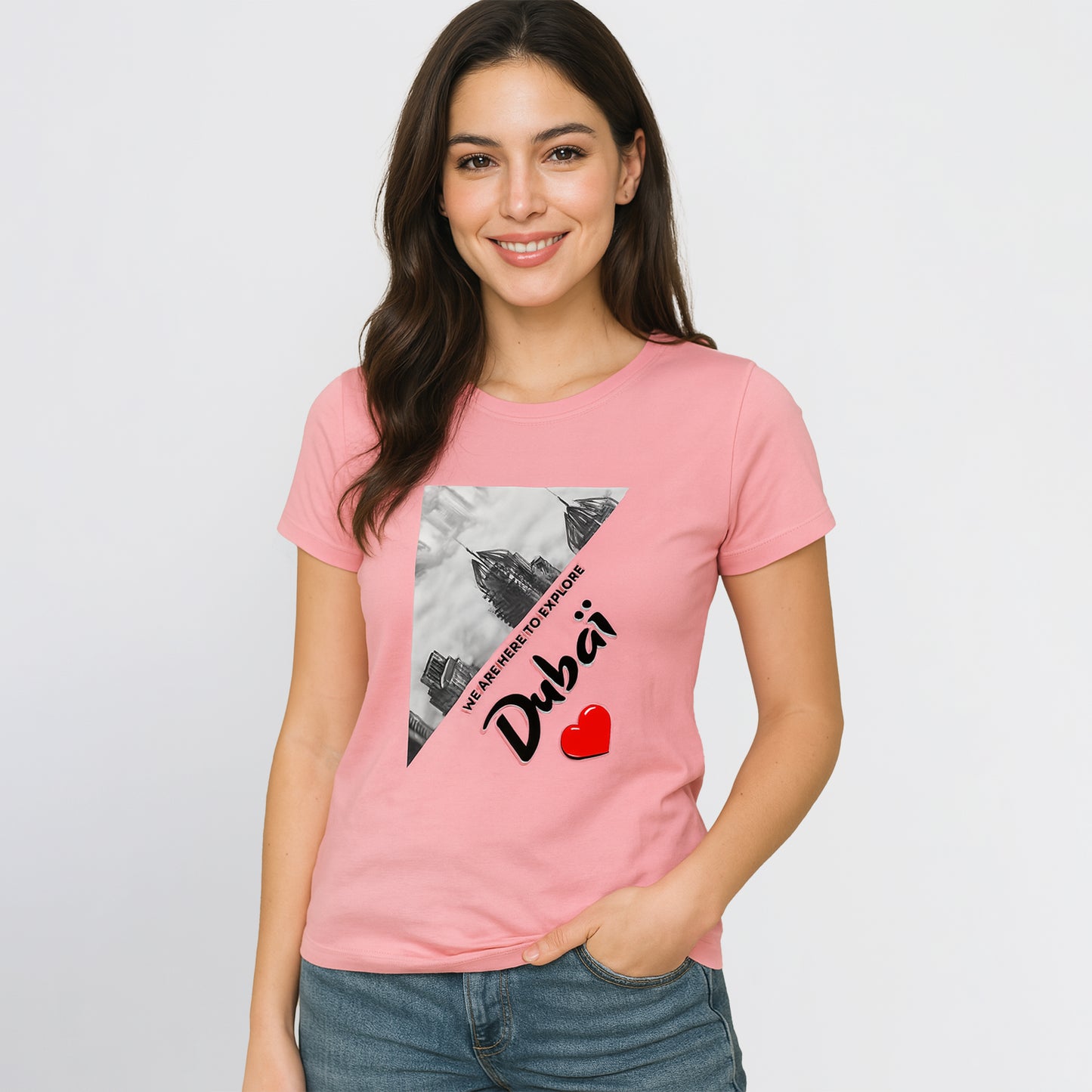 “Explore Dubai” Women’s Pink T-Shirt – Artistic Cityscape Design