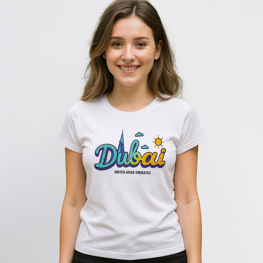 Colorful “Dubai” Women’s T-Shirt – UAE Skyline Graphic 100% Cotton