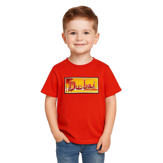 Dubai Kids T-Shirt – UAE License Plate Style Graphic | Red Cotton Souvenir Tee
