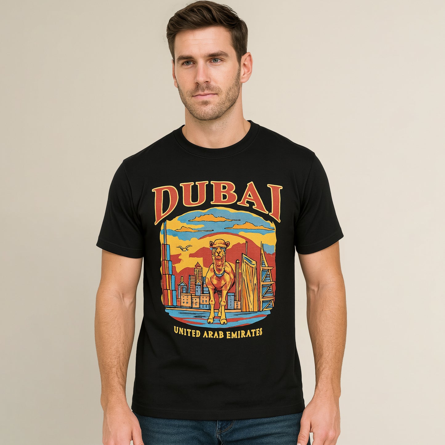 Dubai Camel Cityscape T-Shirt Bold Graphic Tee 100% Cotton UAE Heritage