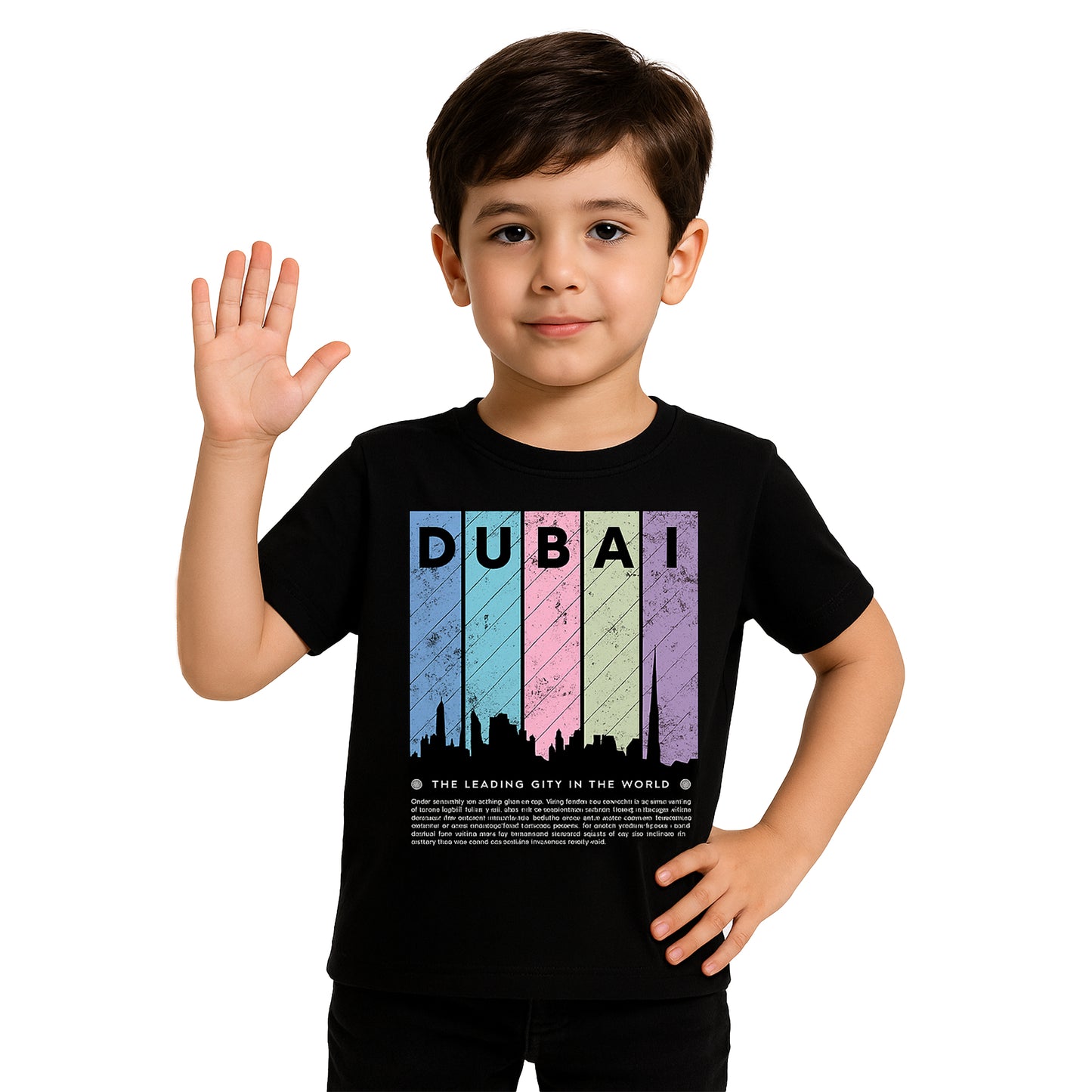 Dubai Skyline Kids T-Shirt – Colorful Cityscape Design | Soft Cotton Tee