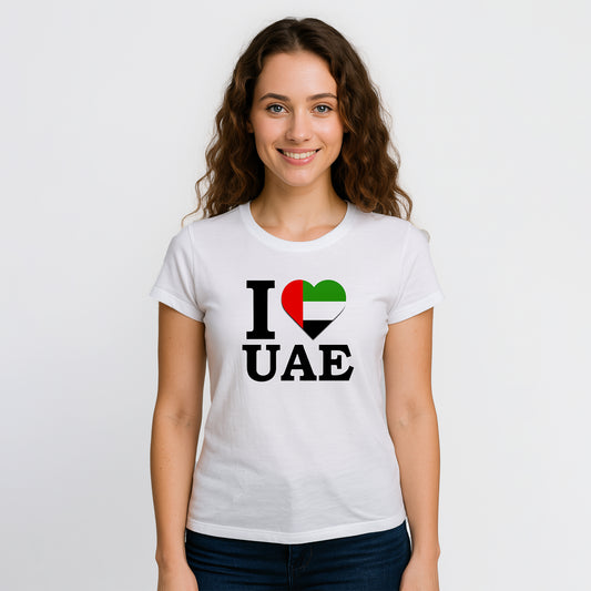 "I Love UAE" Women's T-Shirt – UAE Flag Heart Design 100% Cotton