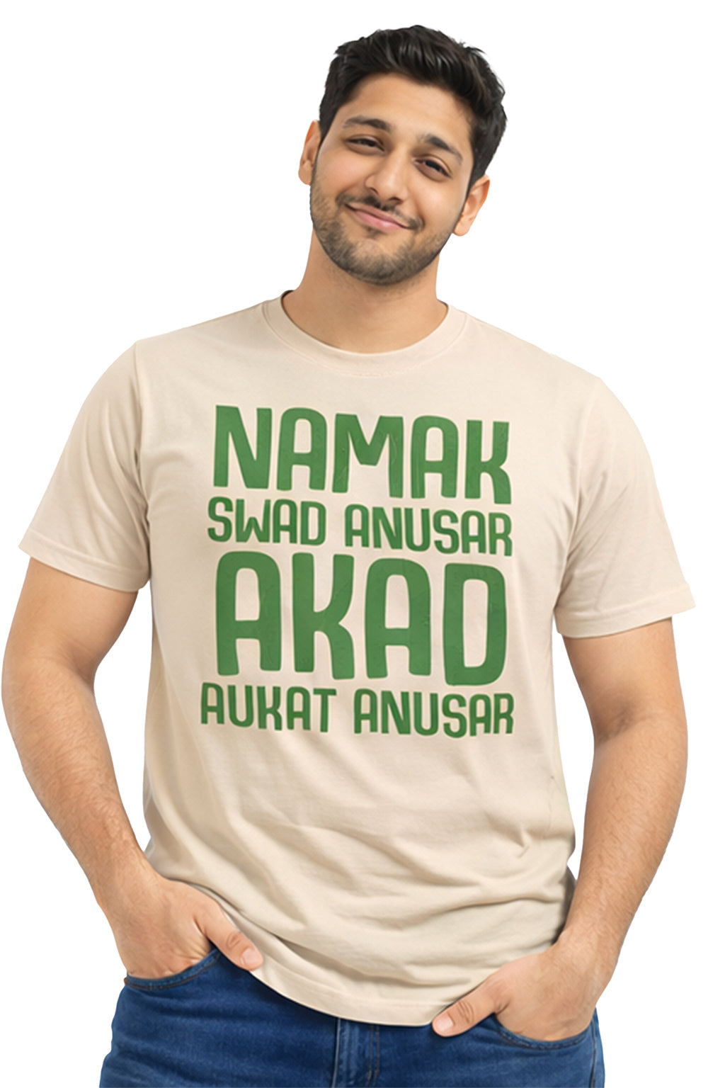 Namak Swad Anusar, Akad Aukaat Anusar T-Shirt – Funny Hindi Quote Tee | Beige Unisex Cotton T-Shirt